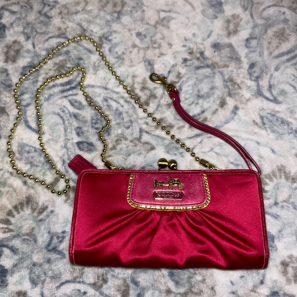 Coach Madison Red Satin Convertible Clutch Kisslock & Brass Chain Strap
